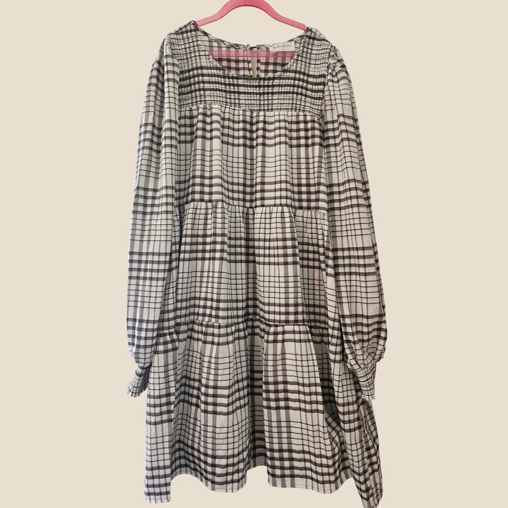 By the River Brown Plaid Tiered Smocked Babydoll Dress Long Sleeve CR1340 Small